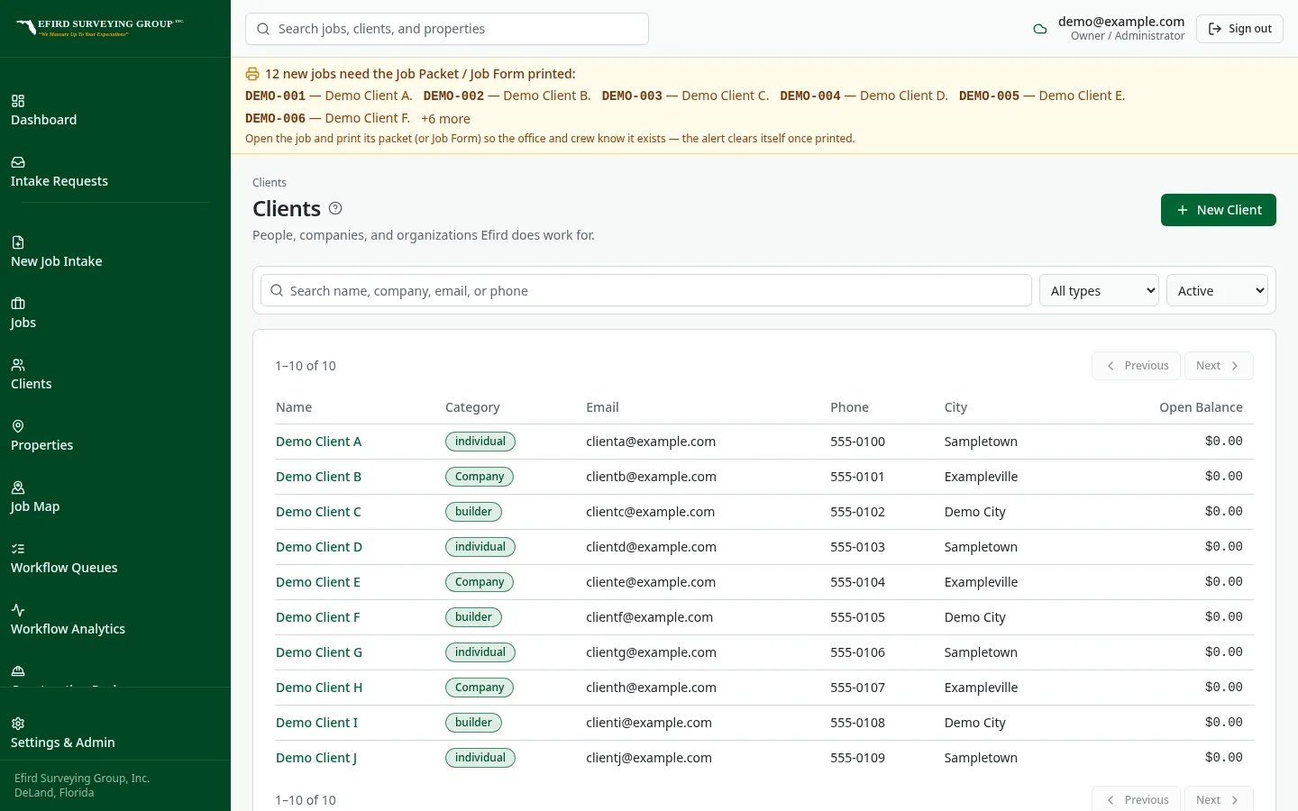 Efird Surveying Group custom software: Client list with click-through contact details