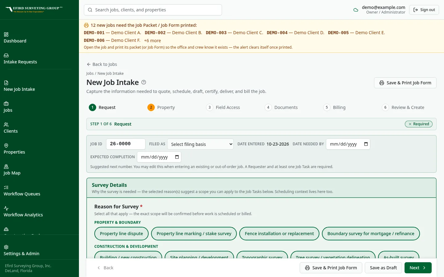 Efird Surveying Group custom software: New job intake, the first step before field work