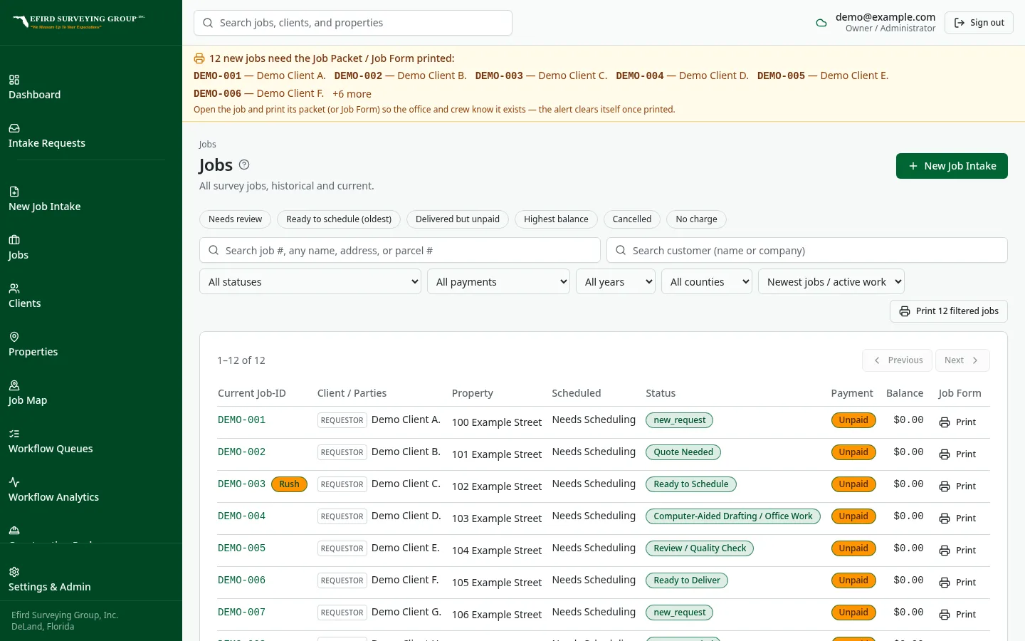Efird Surveying Group custom software: Job list ready for scheduling and crew assignment